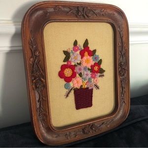 Framed Handmade Embroidered Floral Bouquet Wall Decor